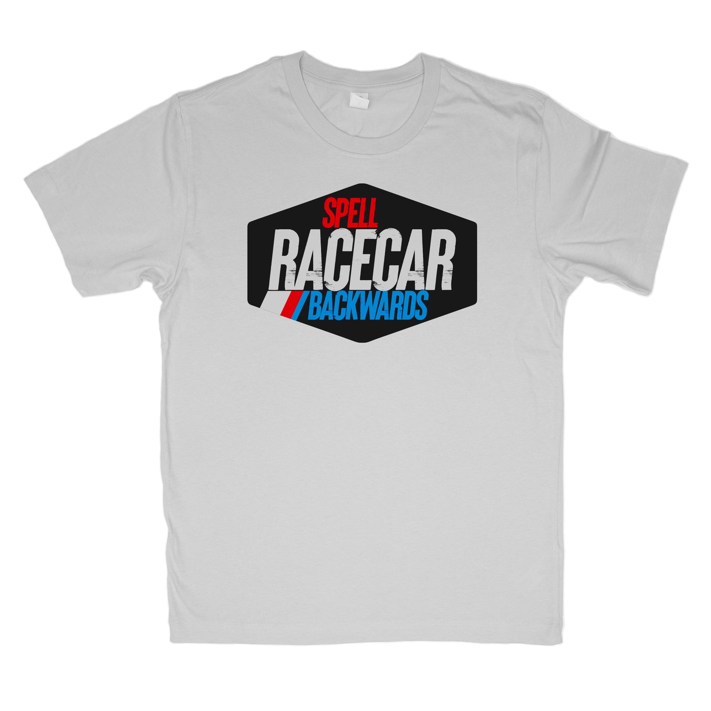 Light gray t-shirt on white background, "SPELL RACECAR BACKWARDS" on wide black hexagon on the tee