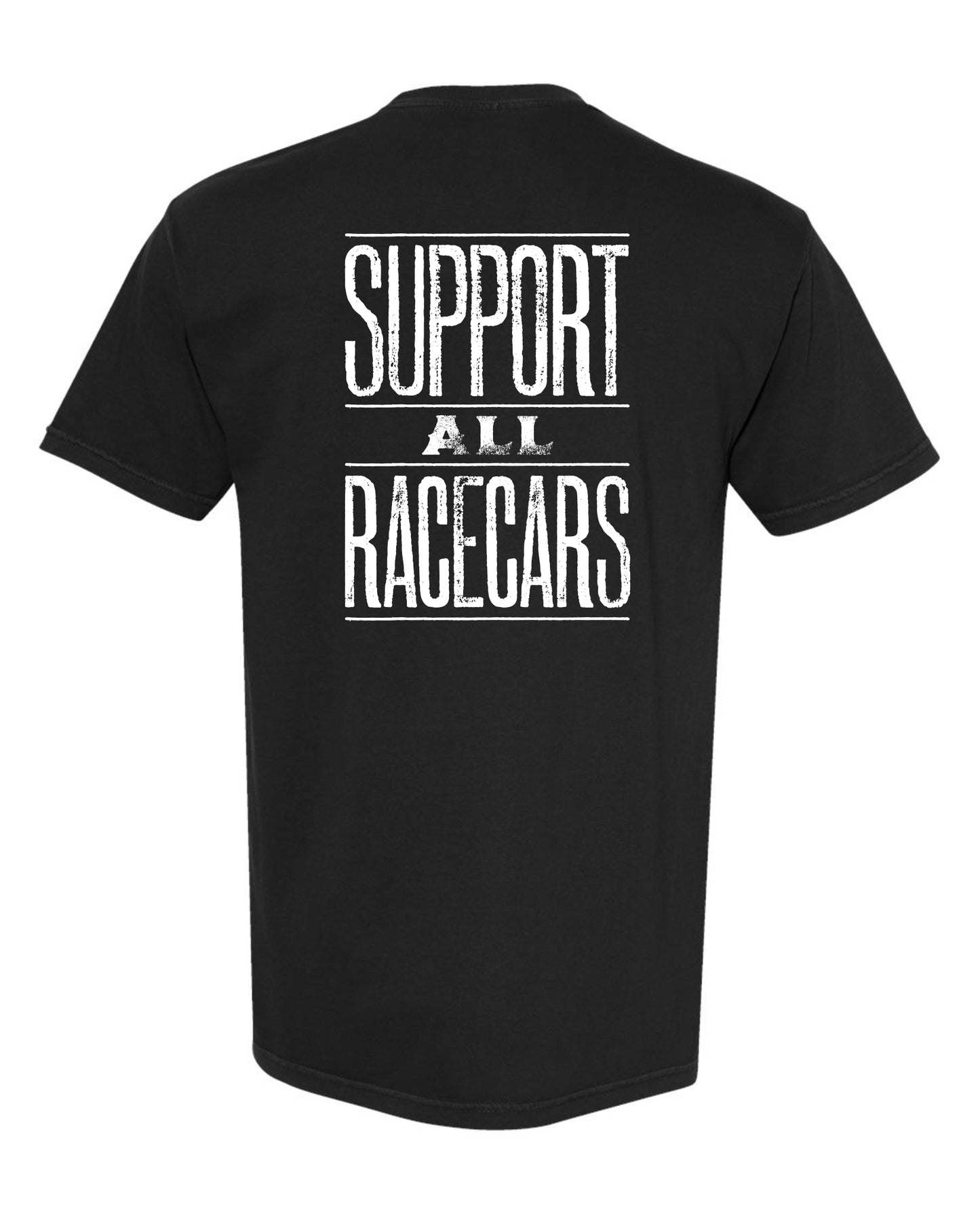 Back of black t-shirt with "SUPPORT ALL RACECARS" big in white, on white background