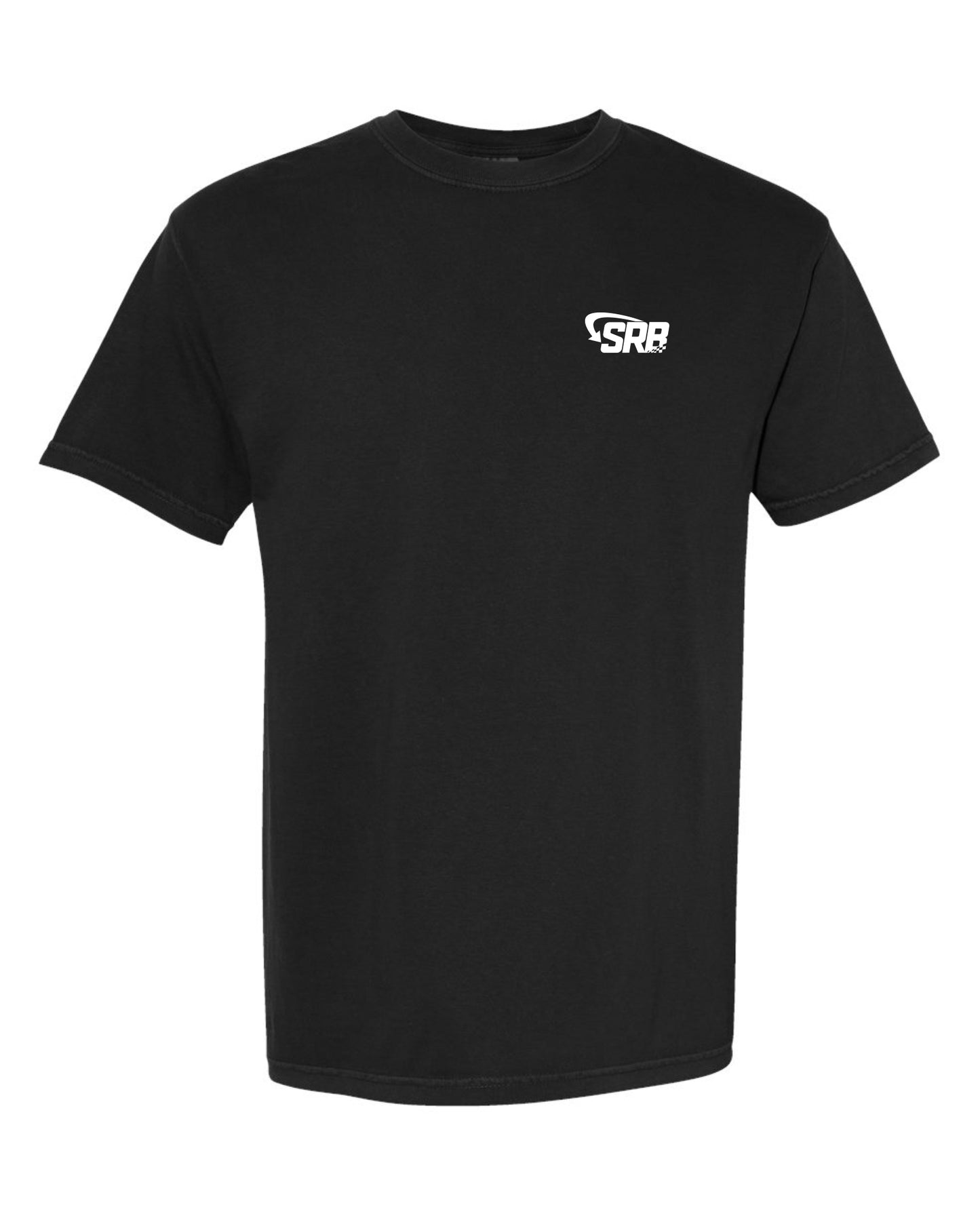 Front of black t shirt with "SRB" logo in white, on white background