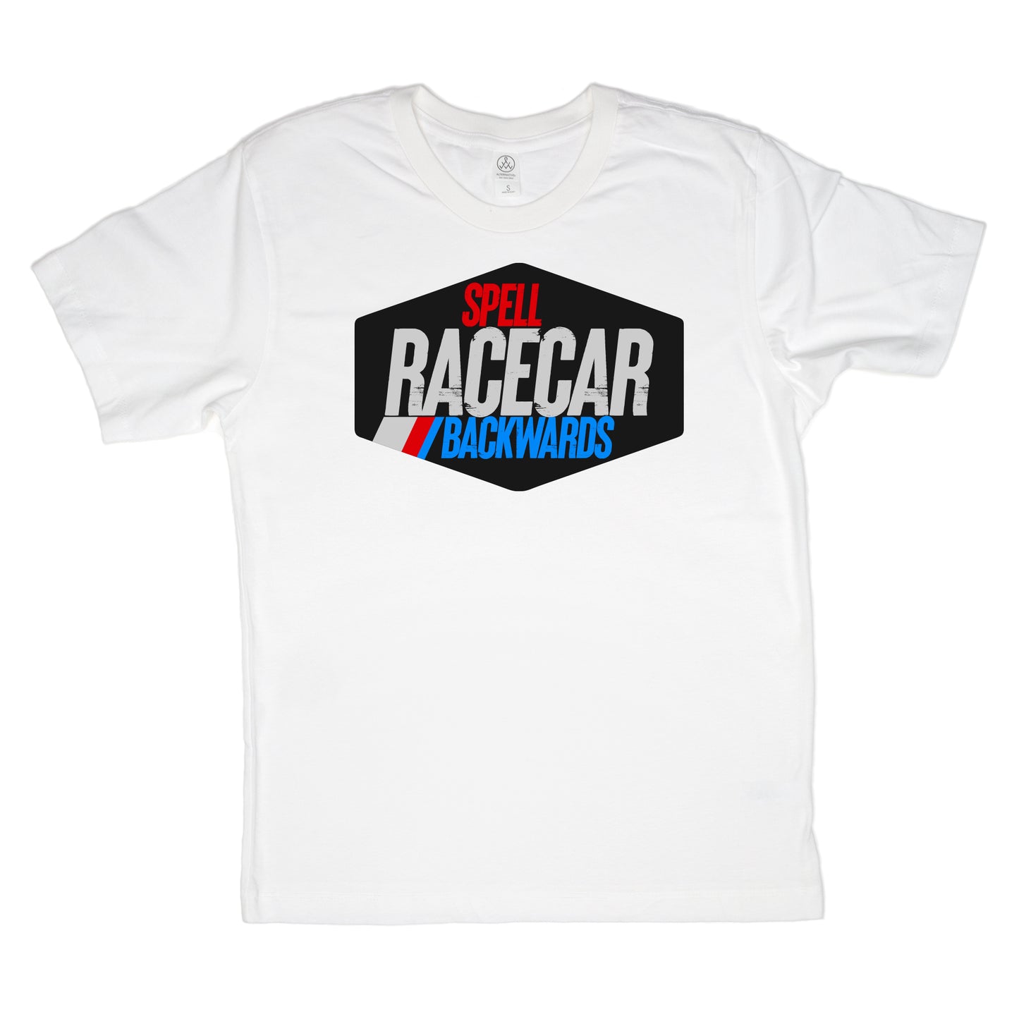 White t-shirt on white background, "SPELL RACECAR BACKWARDS" on wide black hexagon on the tee