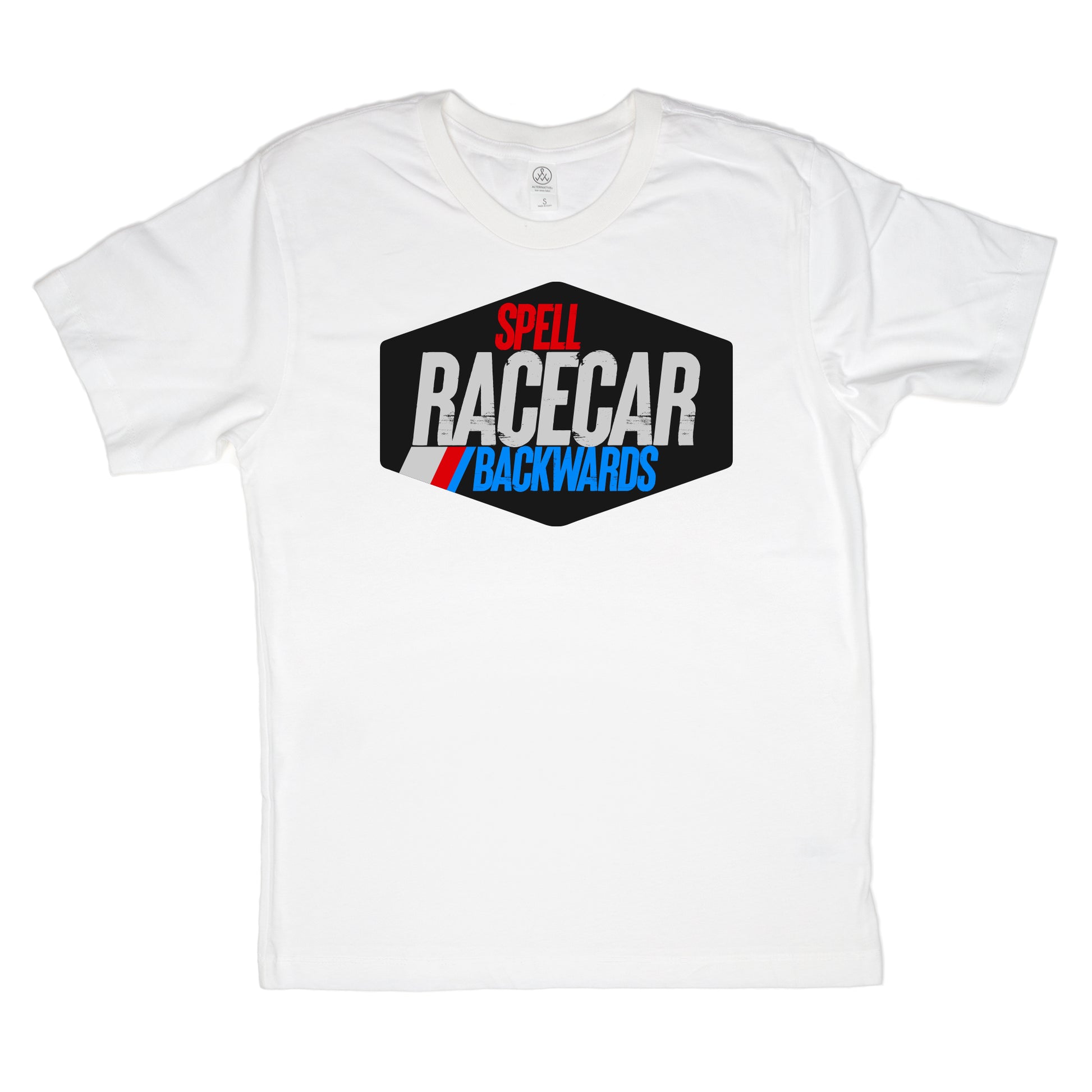 White t-shirt on white background, "SPELL RACECAR BACKWARDS" on wide black hexagon on the tee