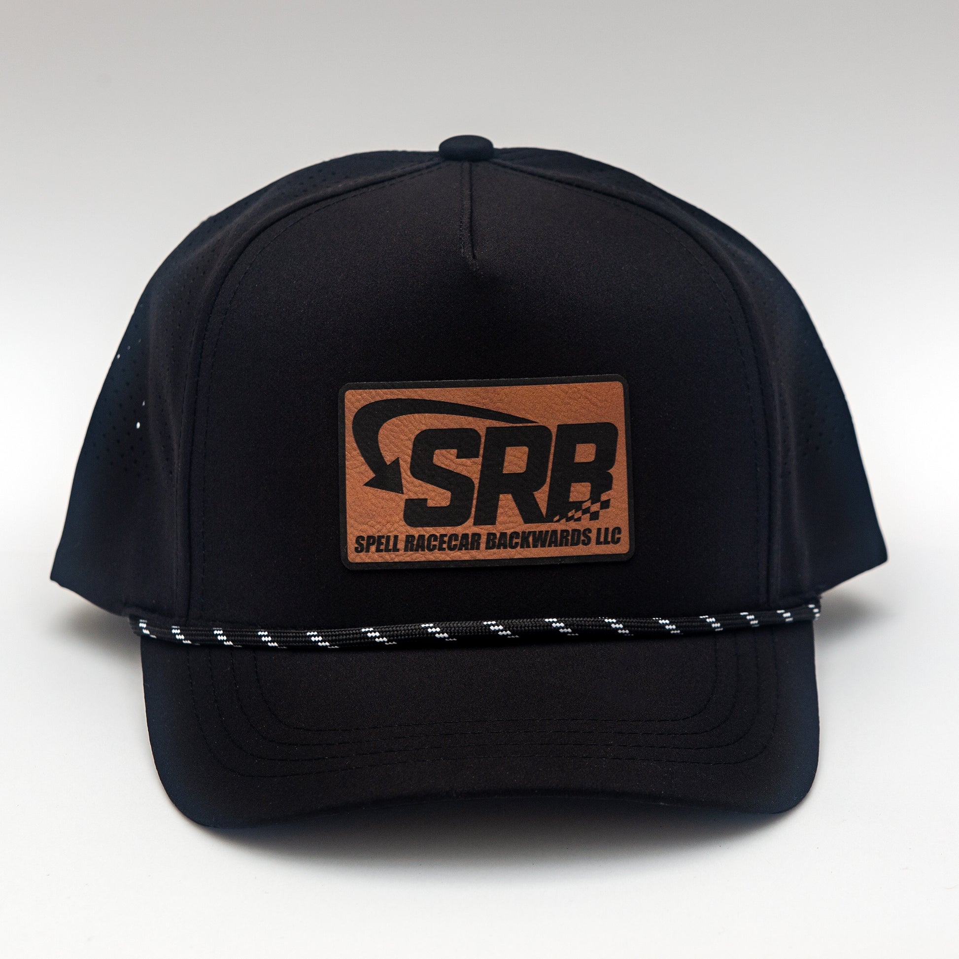 black baseball hat with "SRB" on leather patch on white background